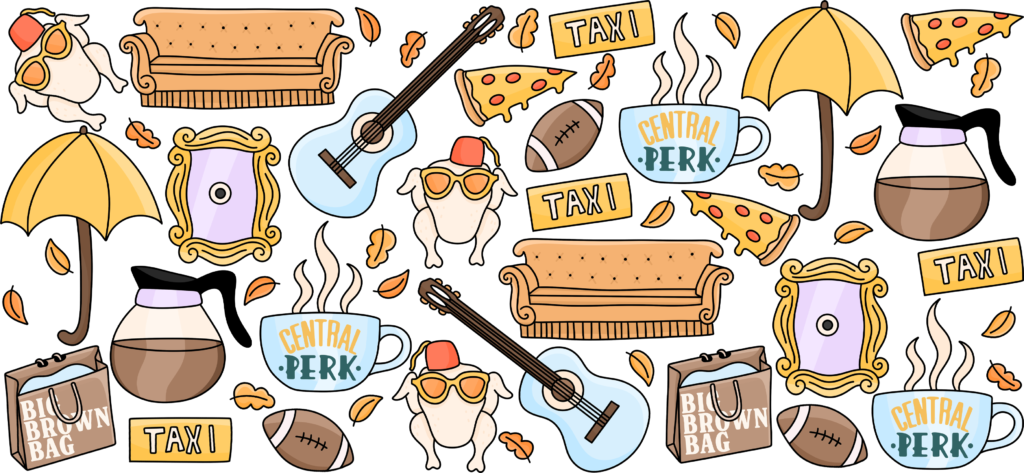 Retro coffee shop sitcom themed UV DTF decal design for mugs