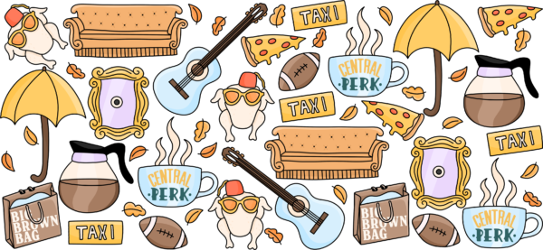 Retro coffee shop sitcom themed UV DTF decal design for mugs