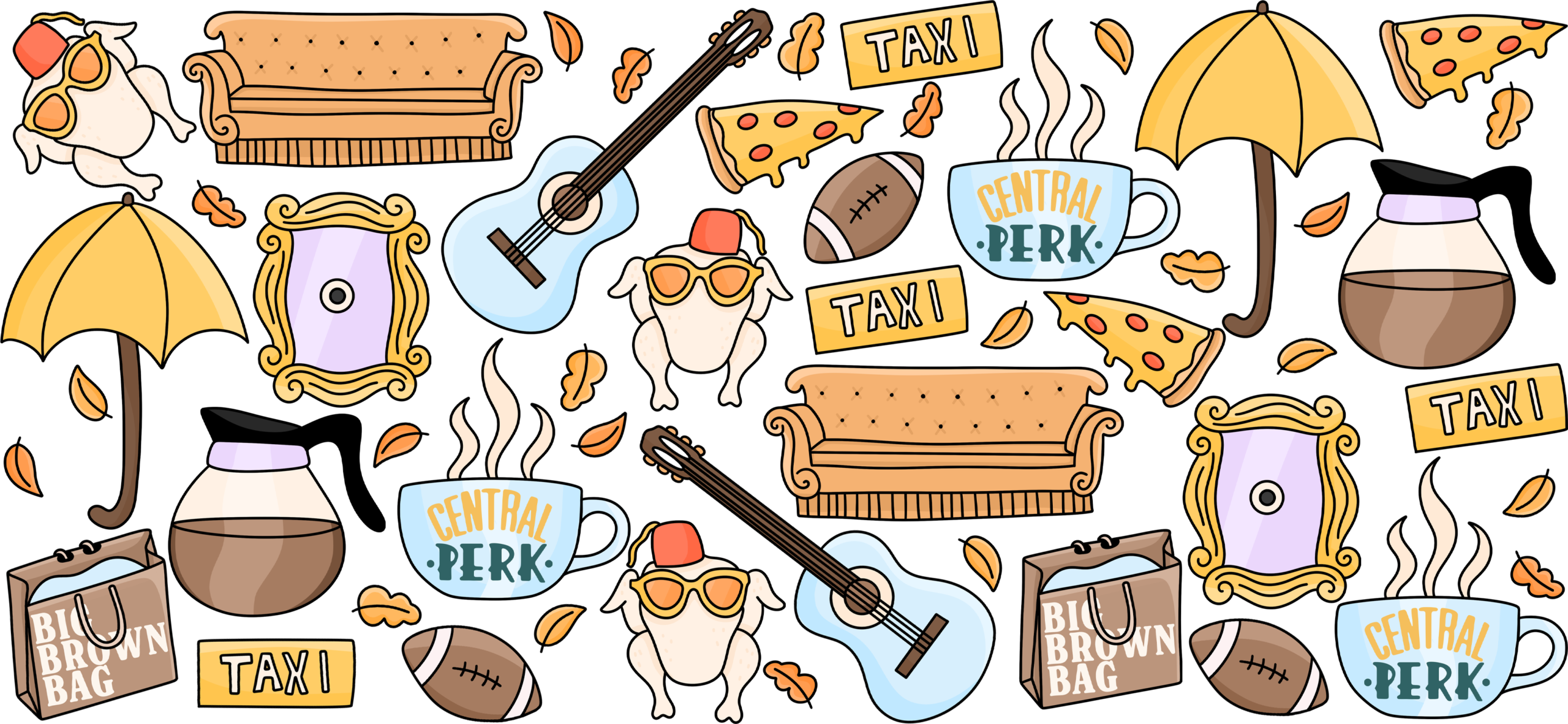Retro coffee shop sitcom themed UV DTF decal design for mugs