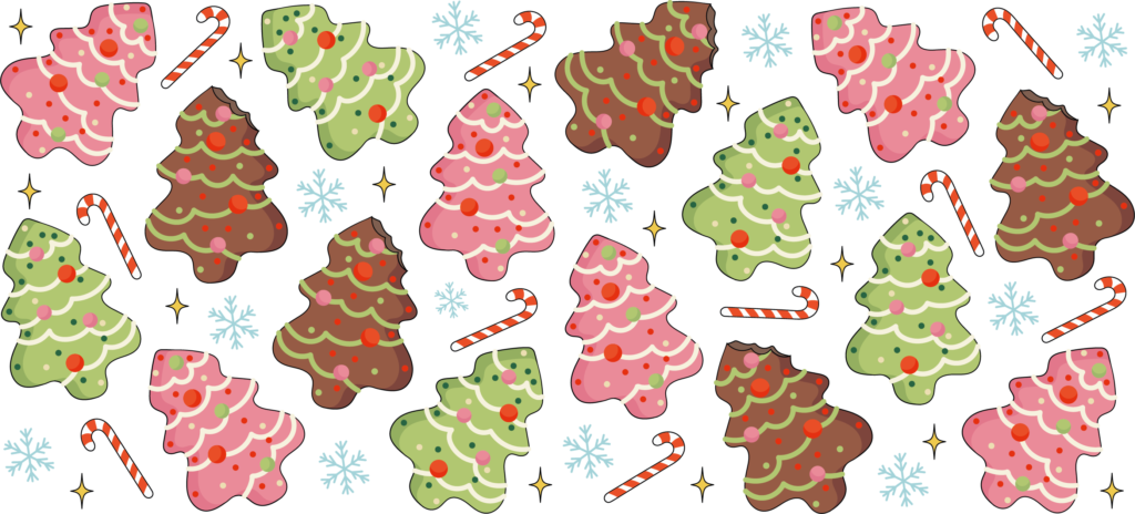 Frosted Christmas tree shaped cookies holiday UV DTF decal design