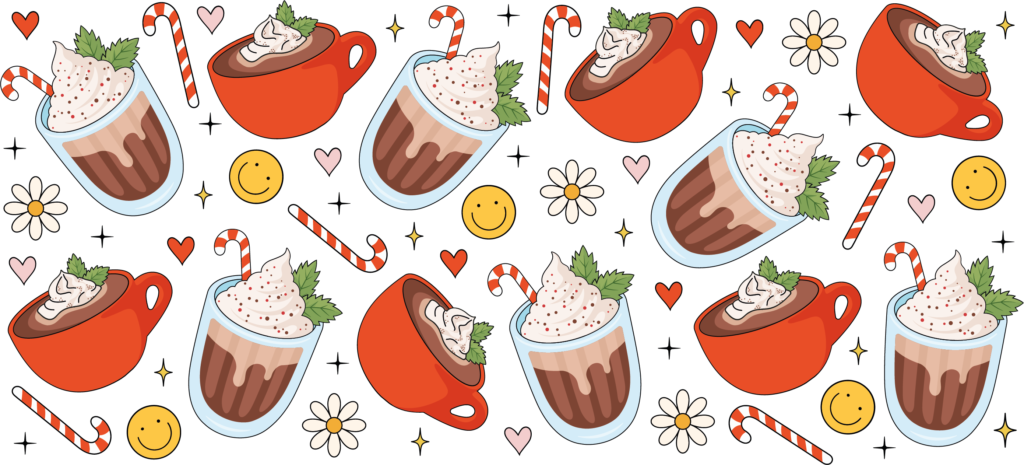 Cozy hot chocolate cocoa mugs with marshmallows UV DTF decal design
