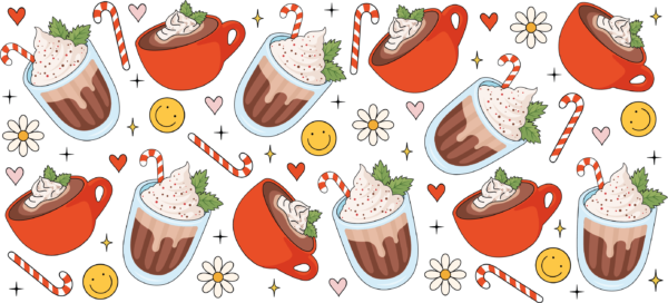 Cozy hot chocolate cocoa mugs with marshmallows UV DTF decal design