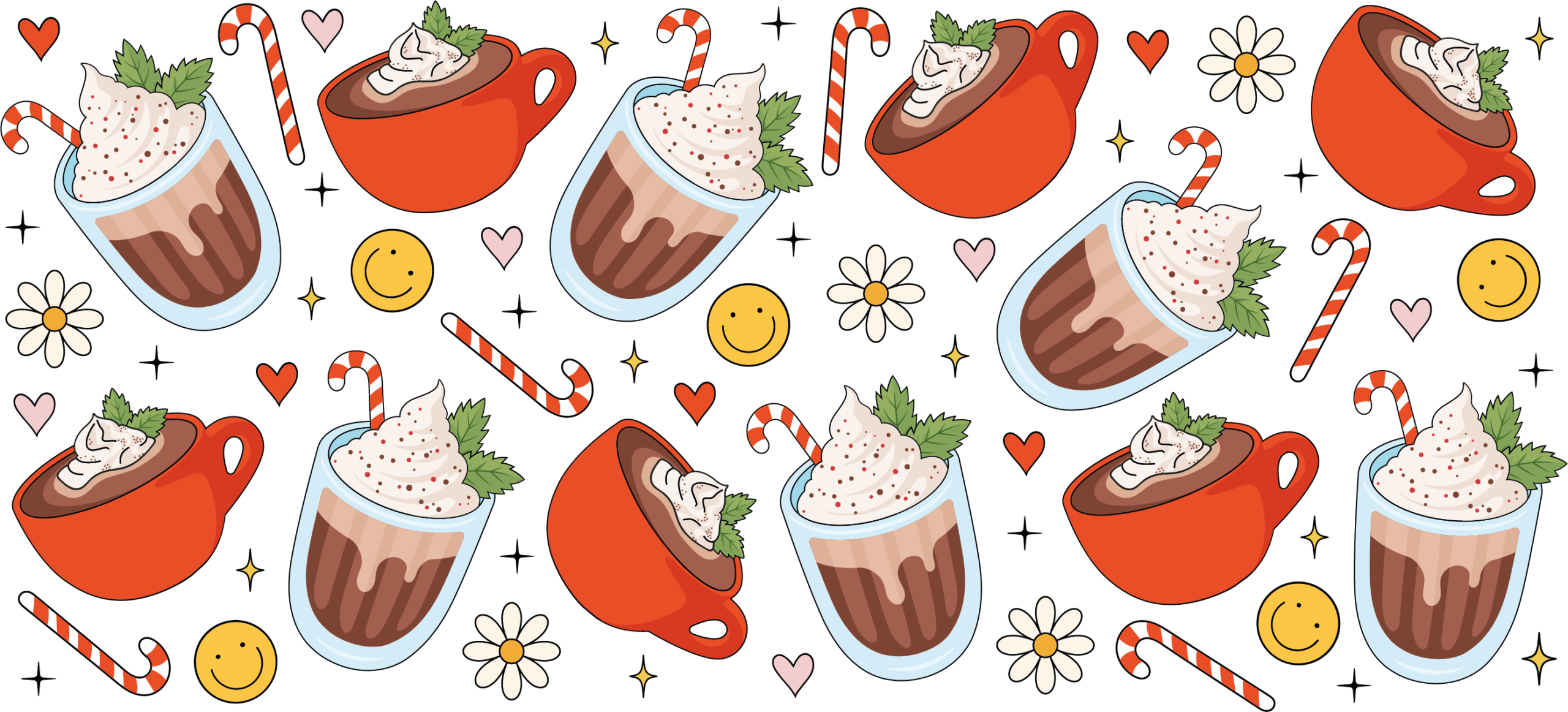 Cozy hot chocolate cocoa mugs with marshmallows UV DTF decal design