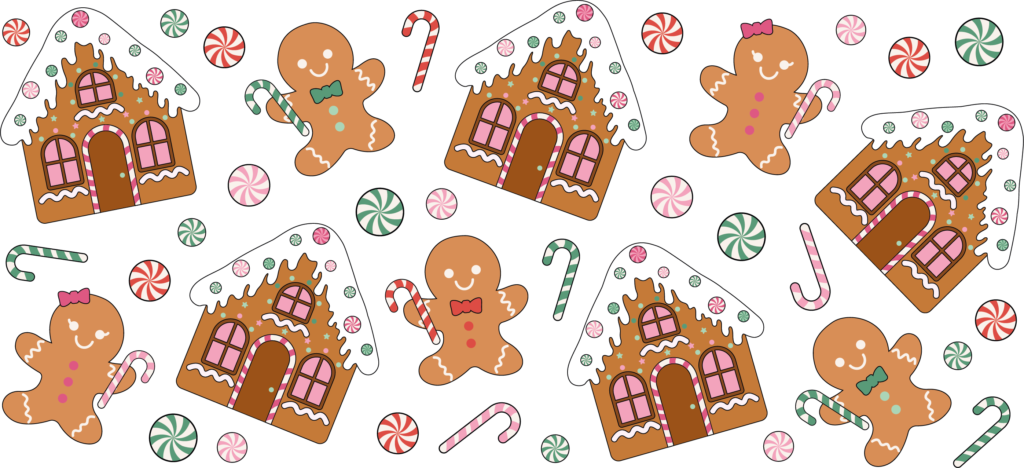 Sweet gingerbread cookie houses village holiday UV DTF decal design