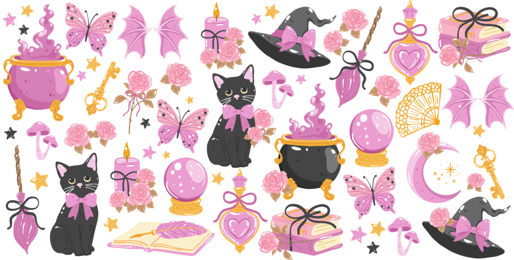 Pink cats in witch hats Halloween UV DTF decal design