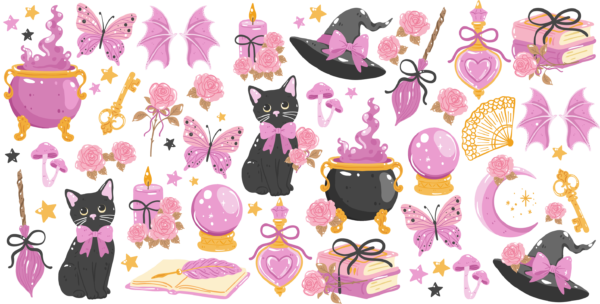 Pink cats in witch hats Halloween UV DTF decal design