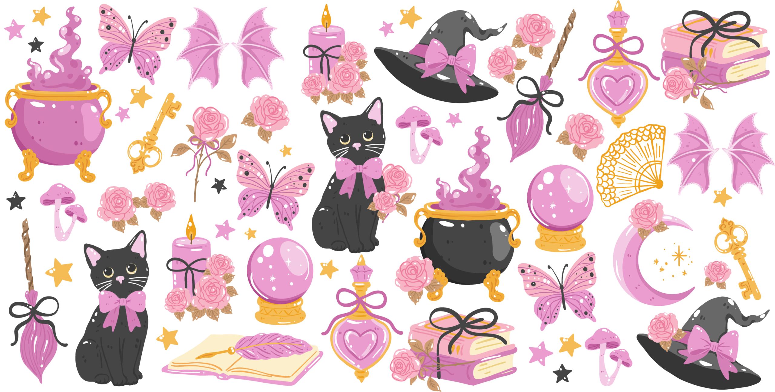 Pink cats in witch hats Halloween UV DTF decal design