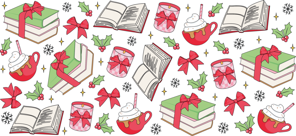 Cozy Christmas books and mugs UV DTF decal design