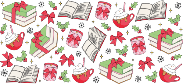 Cozy Christmas books and mugs UV DTF decal design