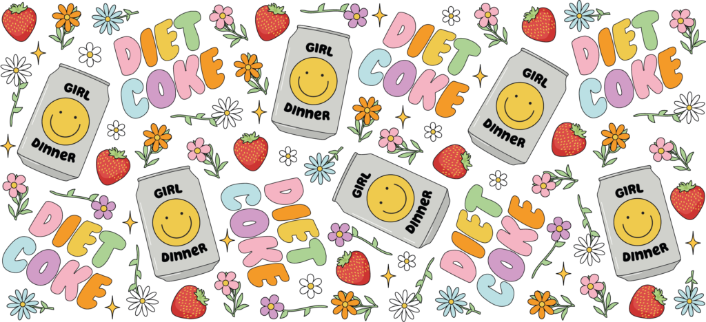 Diet Coke girl dinner soda-themed UV DTF decal design for cups