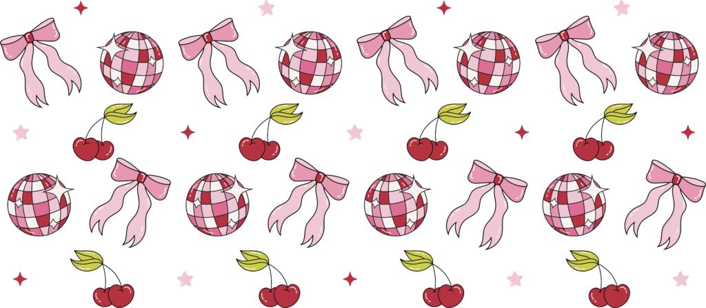 Disco cherries and bows UV DTF decal design for tumblers