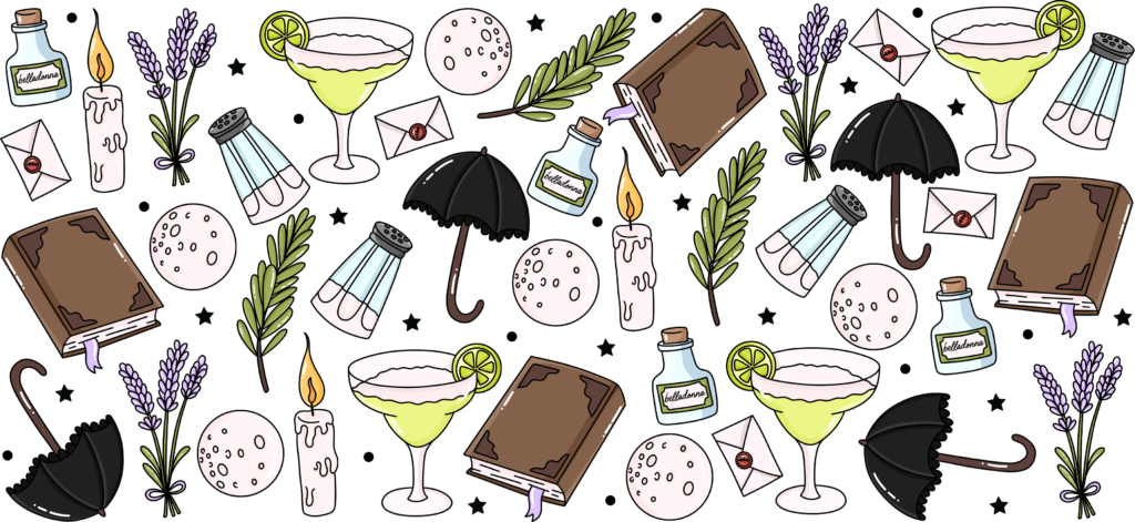 Witchy cottage spells UV DTF transfer decal design for cups