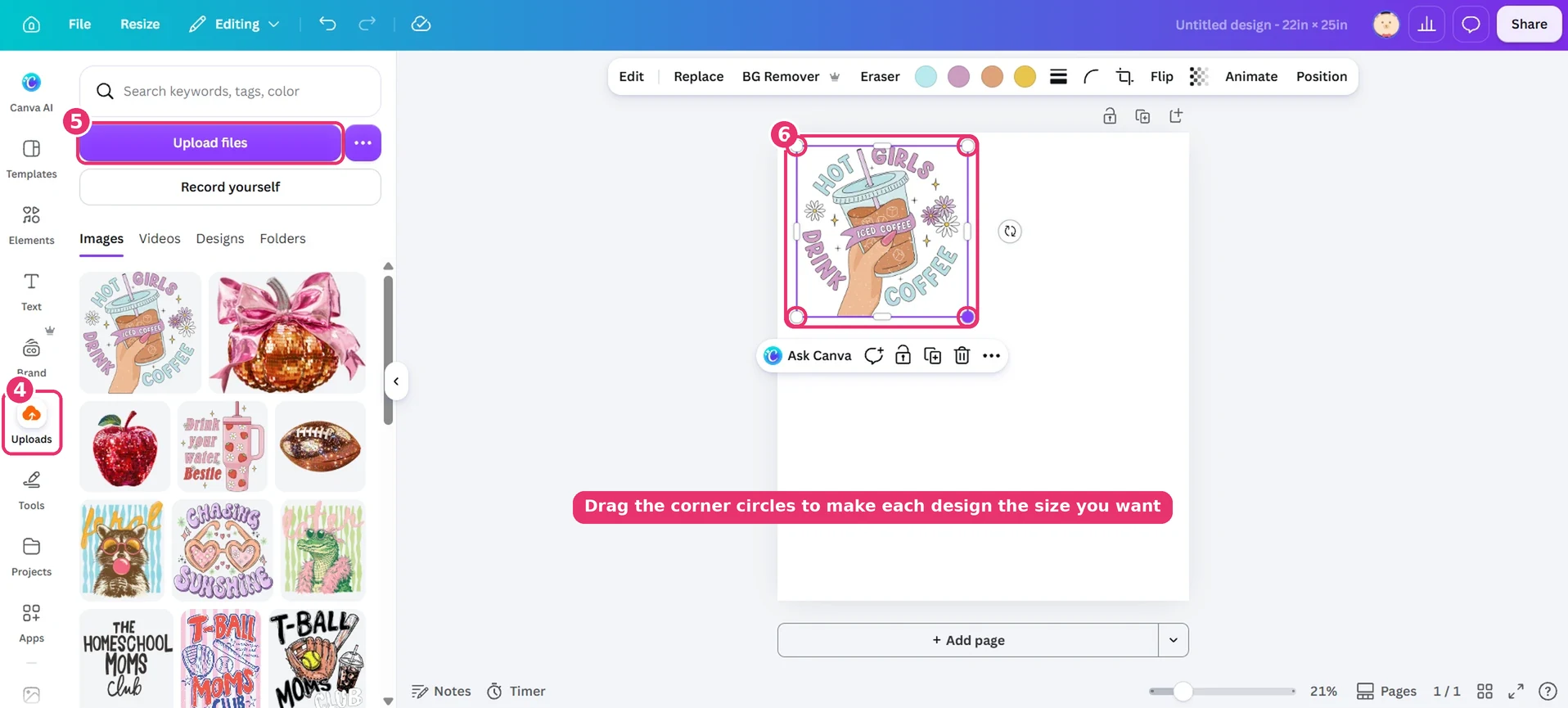 Canva Uploads tab and Upload files button highlighted, a design on the canvas with its corner circles for resizing