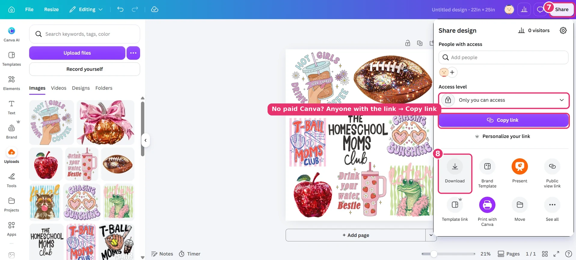 Finished gang sheet in Canva with Share, Download, Access level and Copy link highlighted