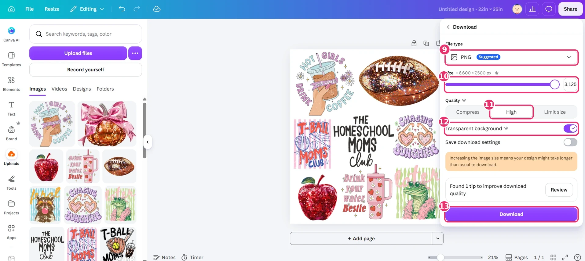 Canva download settings for a gang sheet: PNG, size slider all the way up, quality High, transparent background on, then Download