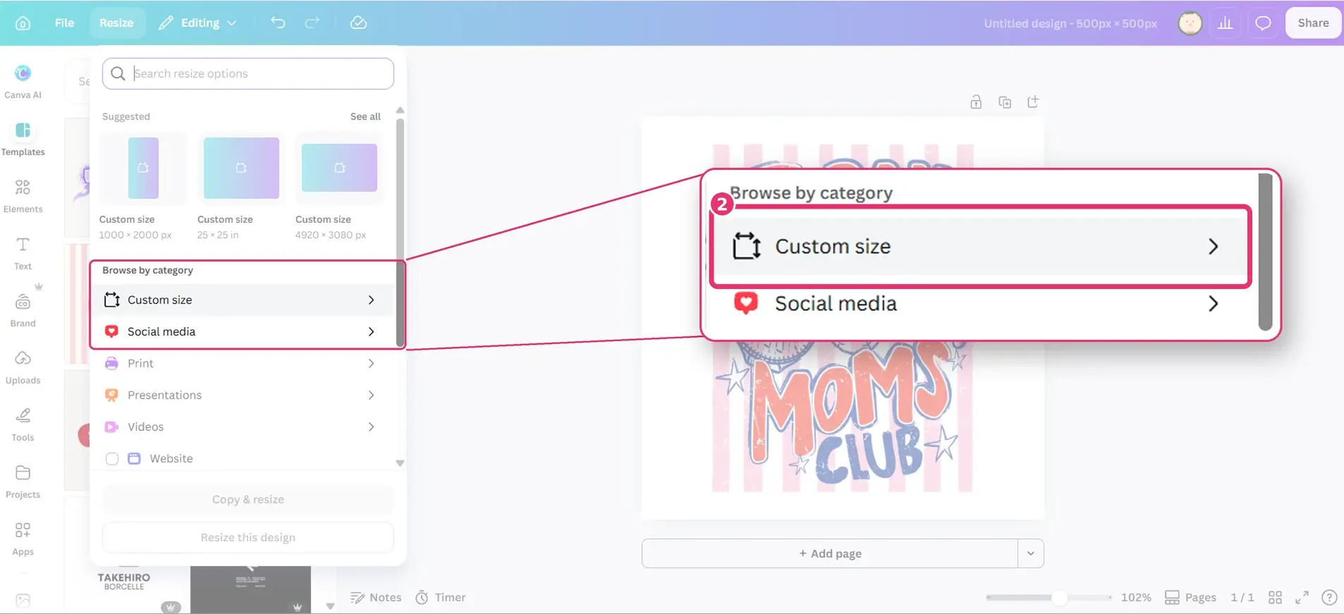 Canva Resize menu with Custom size highlighted
