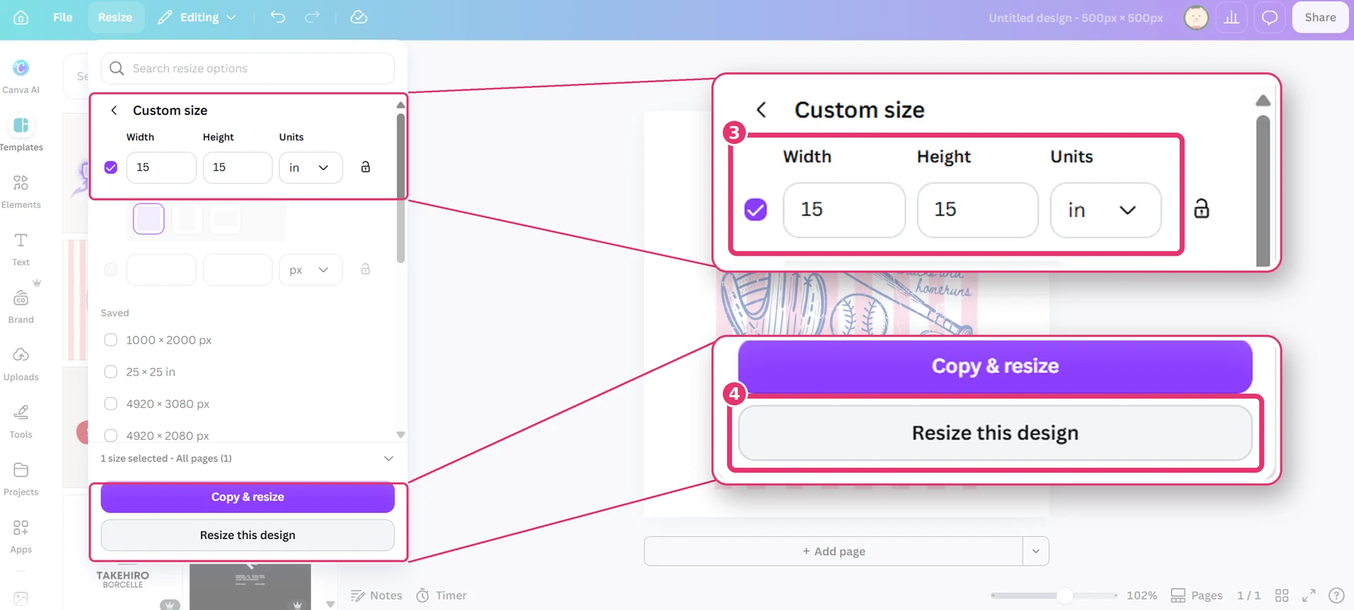 Canva Custom size set to 15 by 15 inches with Resize this design highlighted
