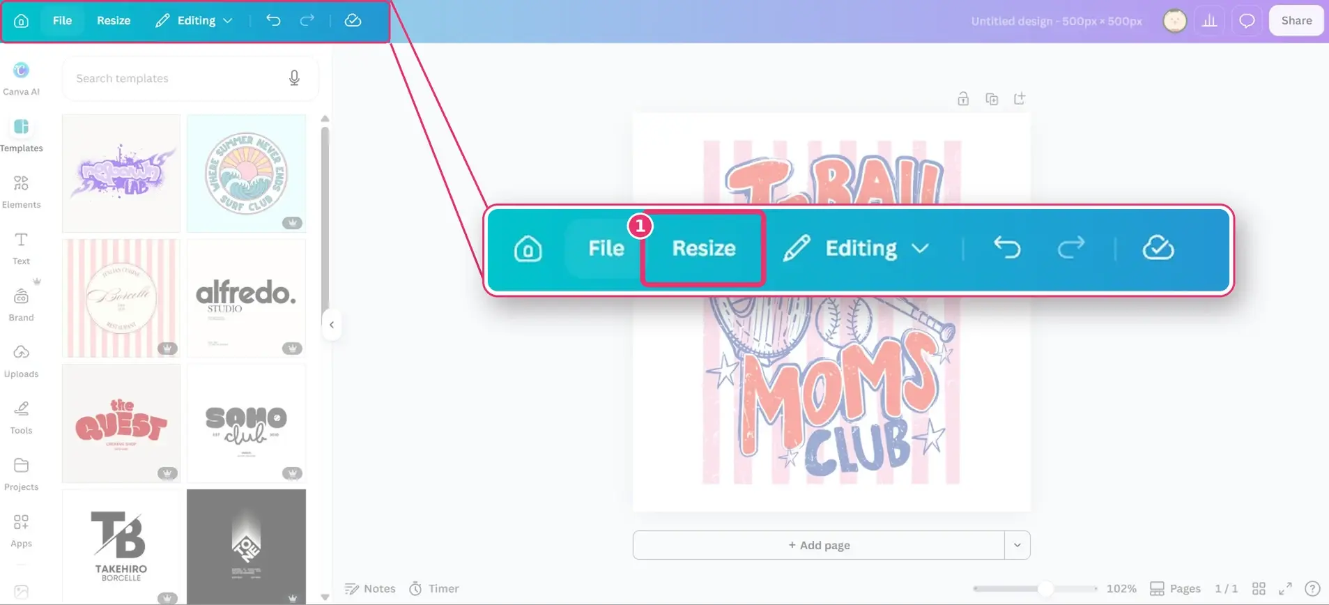 Canva editor with the Resize button highlighted