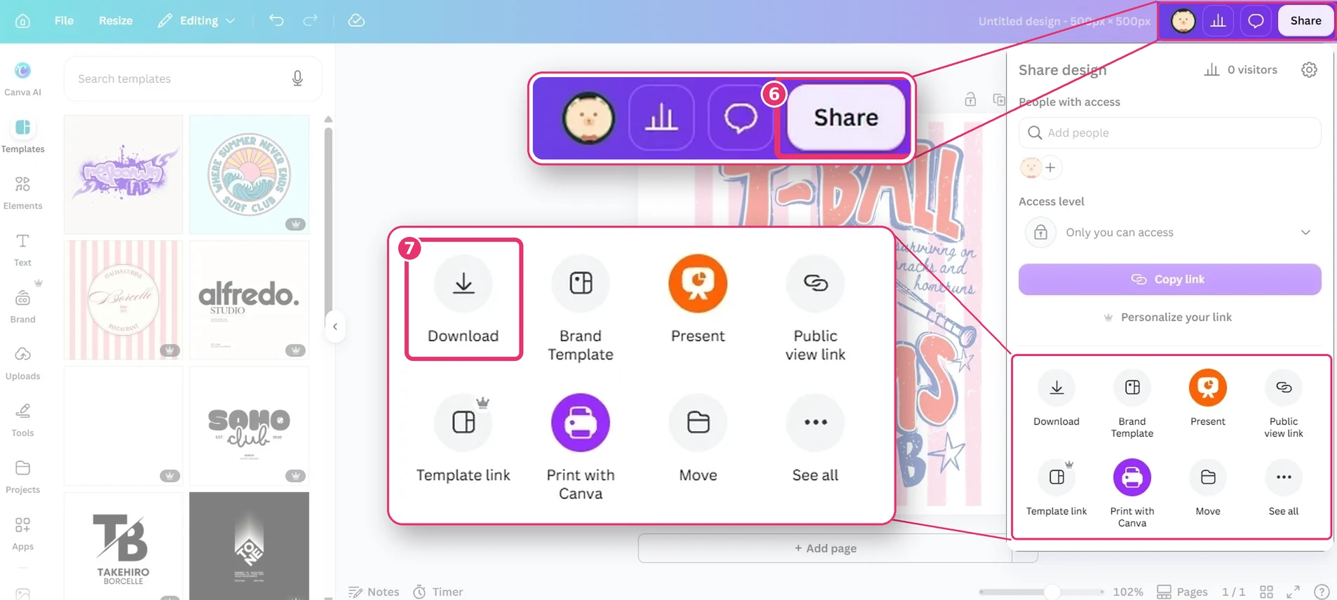 Canva Share button in the top right and the Download option in the Share panel highlighted