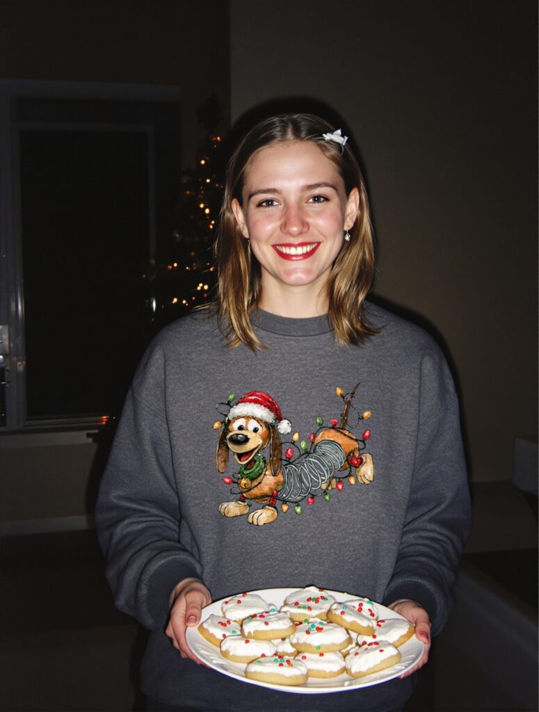 Festive Pup Light Show DTF transfer printed on a grey sweatshirt, vintage Christmas photo