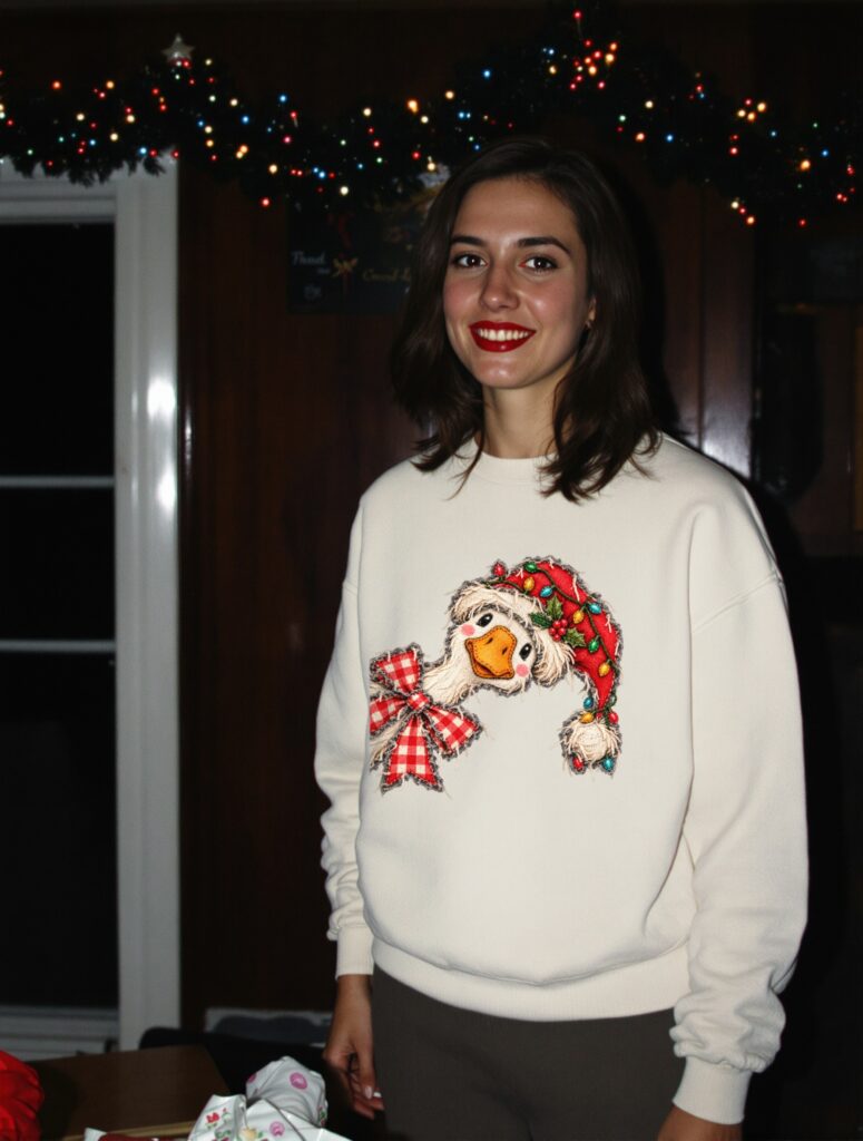 Festive Rustic Birdie DTF transfer printed on a cream sweatshirt, vintage Christmas photo