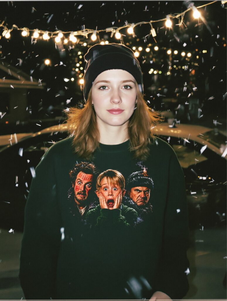 Home Alone Panic DTF transfer printed on a dark green sweatshirt, vintage Christmas photo
