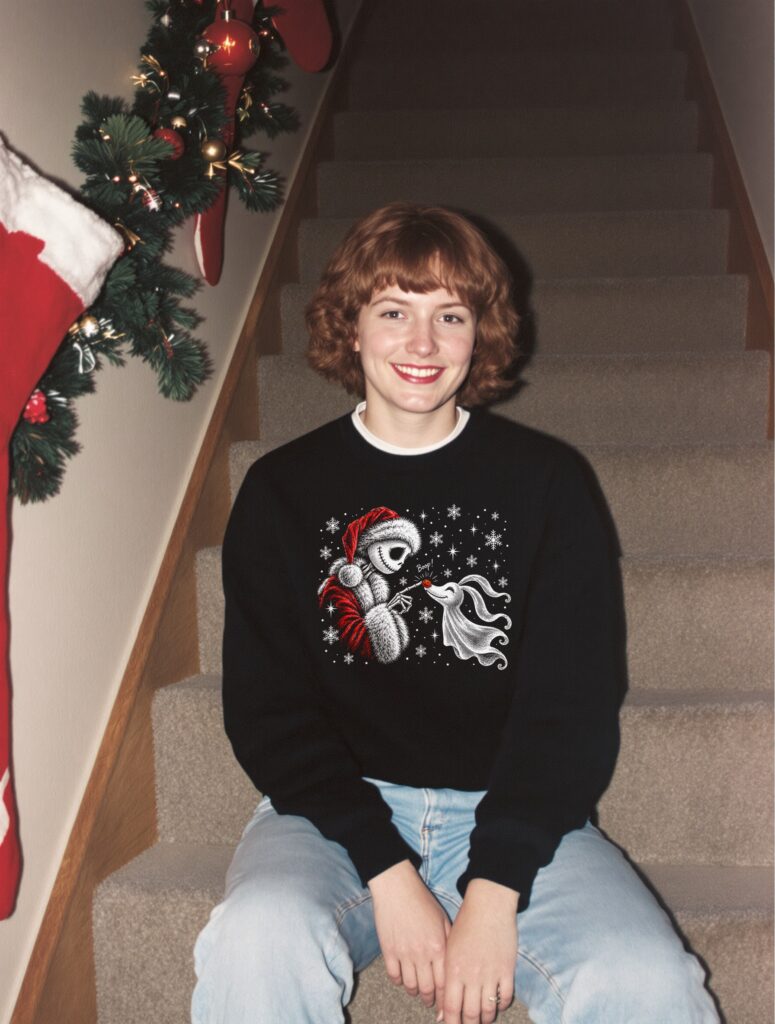 Skeletal Santa’s Yuletide Magic DTF transfer printed on a black sweatshirt, vintage Christmas photo