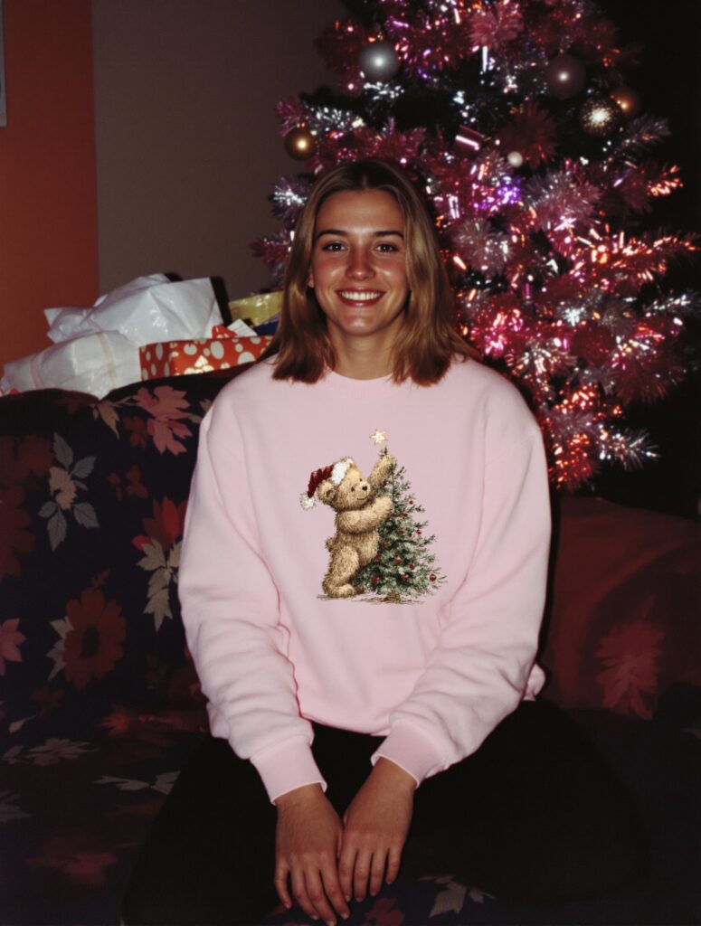 Starlit Tree Teddy DTF transfer printed on a pink sweatshirt, vintage Christmas photo