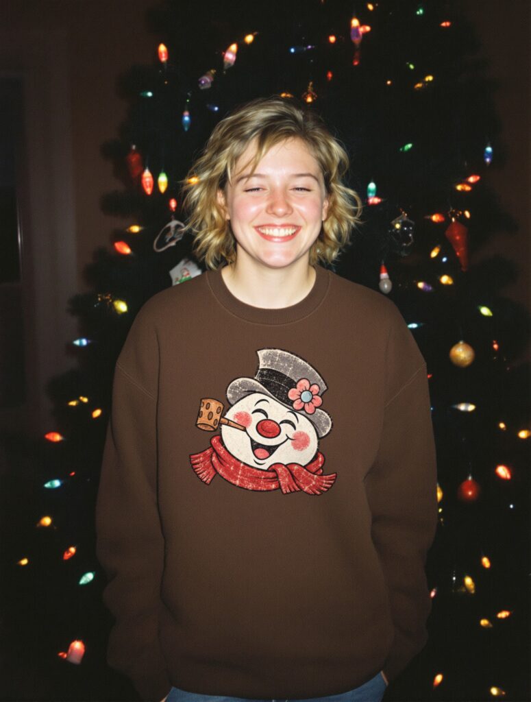 Vintage Snowman Charm DTF transfer printed on a brown sweatshirt, vintage Christmas photo