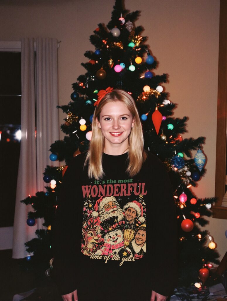Vintage Yuletide Magic DTF transfer printed on a black sweatshirt, vintage Christmas photo