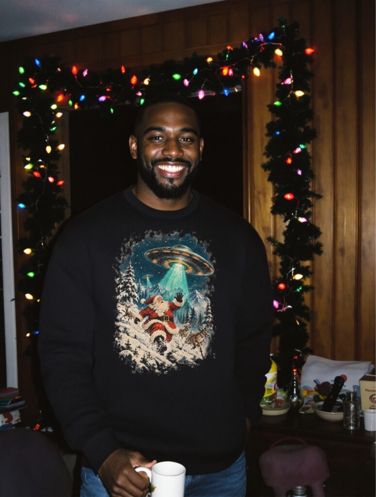 Santa’s Cosmic Christmas DTF transfer on a black sweatshirt