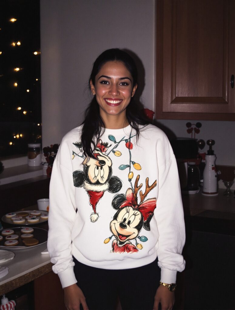 Cheerful Christmas Duo DTF transfer on a white sweatshirt