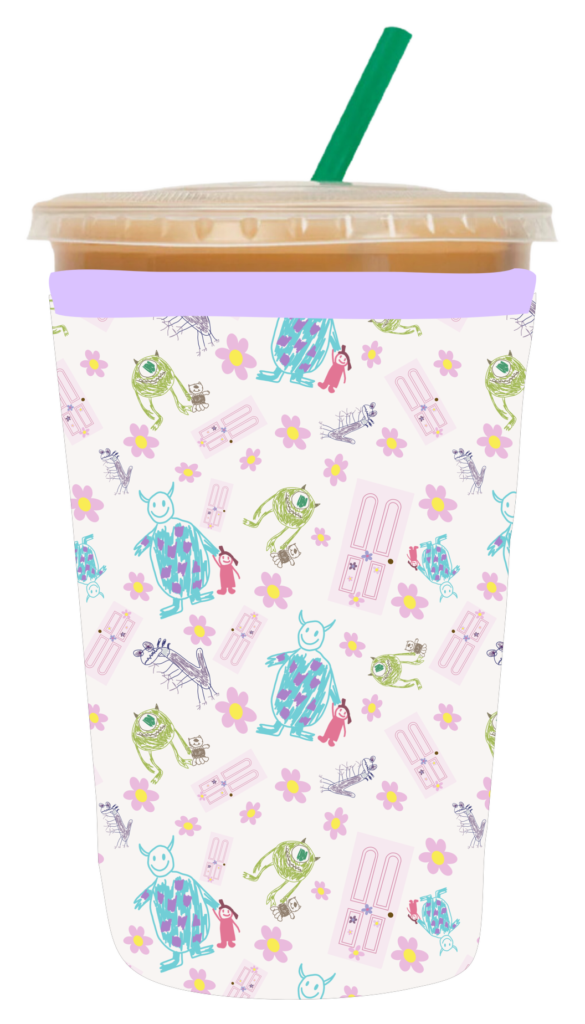 Quirky Creatures iced coffee sleeve coozie with fuzzy little monsters and bunnies on cream